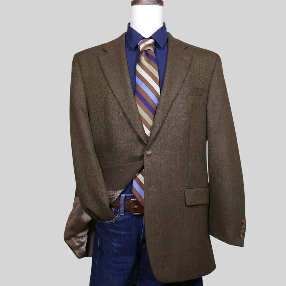 Ralph Lauren Sport Coat Blazer Men's 43L Brown Herringbone Lambs' Wool